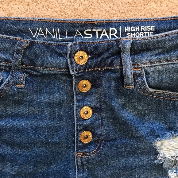 Vanilla Star High Waist Distressed Denim Shorts Womens Size 5 Button Fly Blue - Picture 2 of 11